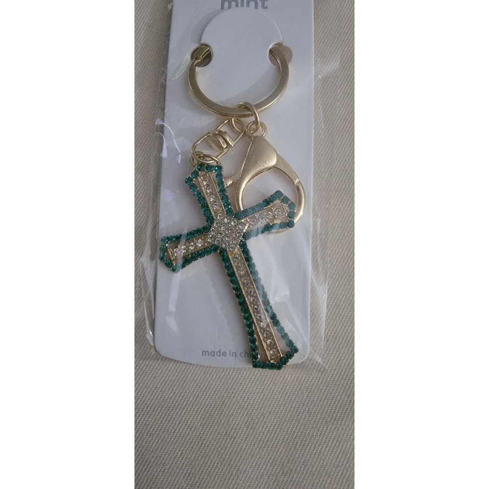 Rhinestone Cross Keychain Gold Tone Crystal Religious Charm Green Blue 7.00 Each